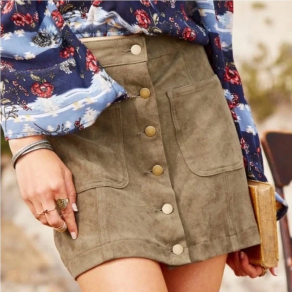 NWT Altar’d State Camel Suede Mini Button Skirt